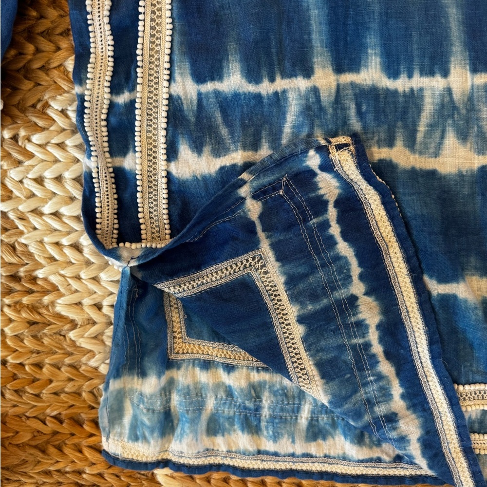 Tashia Shibori Blue & White Tie-Dye Embroidered + Beaded Linen Tunic, Medium - Picture 8 of 10